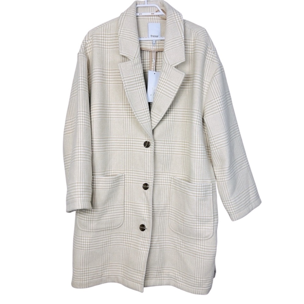 NWT FRANSA Wool Blend Cream Beige Plaid Notched Lapel Single Breasted Coat